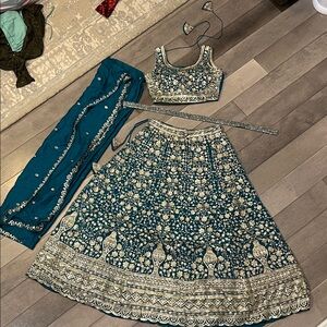 Embroidered Teal and Gold Lehenga Set